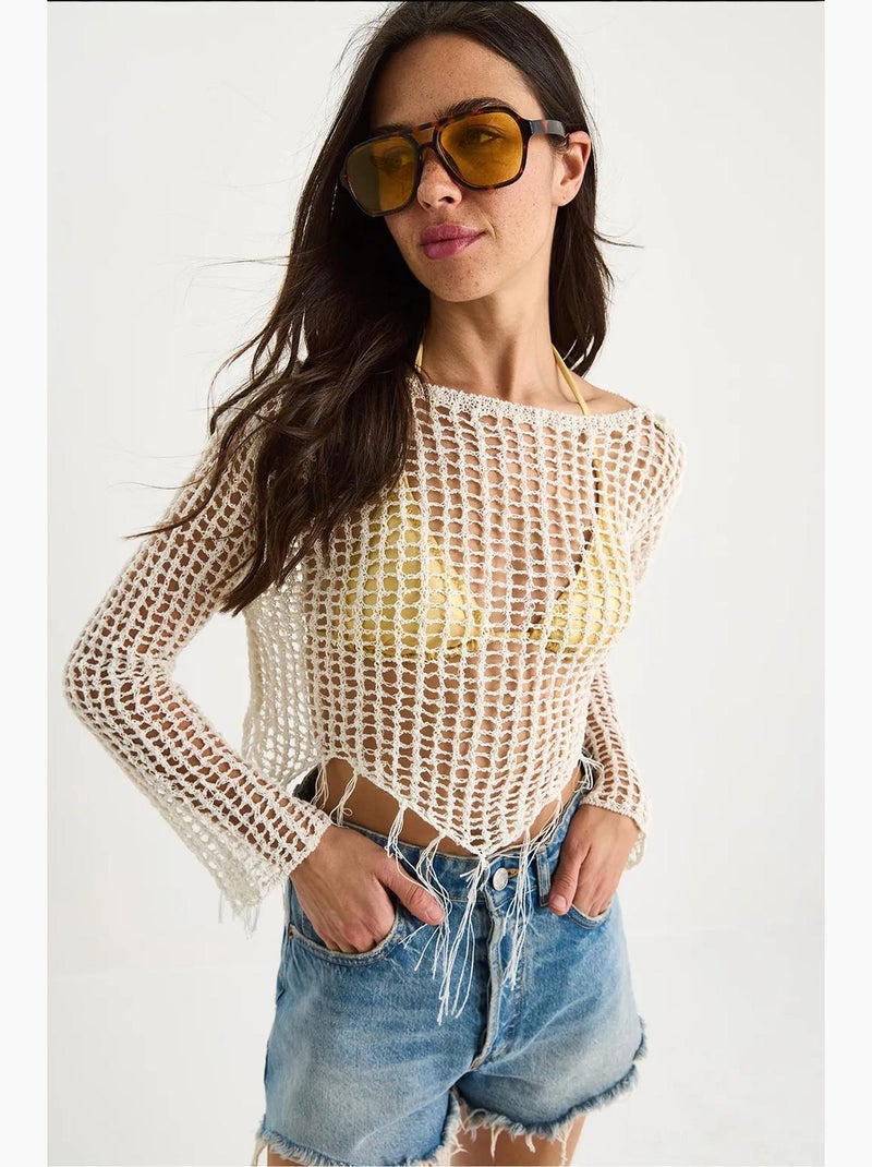 Camisola texturizada com recortes curta manga comprida lucci Branco sujo - Kiabi