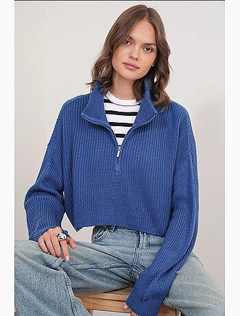 Camisola texturizada de manga comprida com gola com fecho mixray