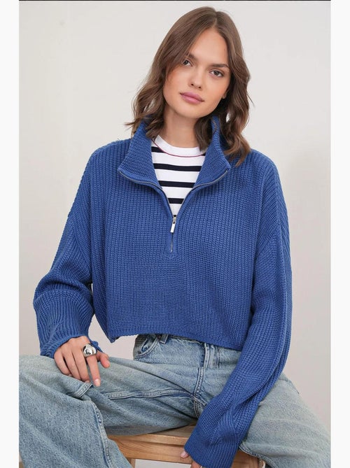 Camisola texturizada de manga comprida com gola com fecho mixray - Kiabi