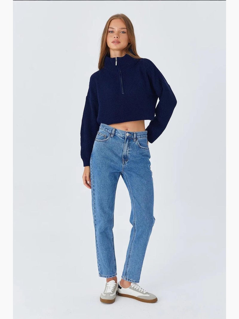 Camisola texturizada de manga comprida com gola com fecho mixray Azul-marinho - Kiabi