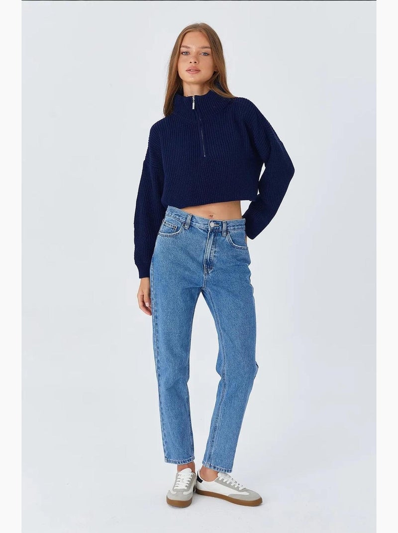 Camisola texturizada de manga comprida com gola com fecho mixray Azul-marinho - Kiabi