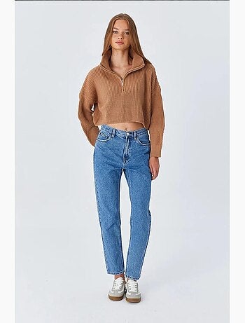 Camisola texturizada de manga comprida com gola com fecho mixray