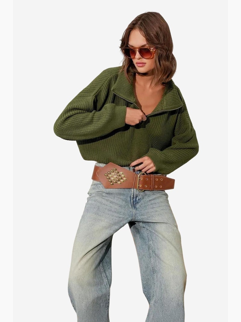 Camisola texturizada de manga comprida com gola com fecho mixray Cáqui - Kiabi