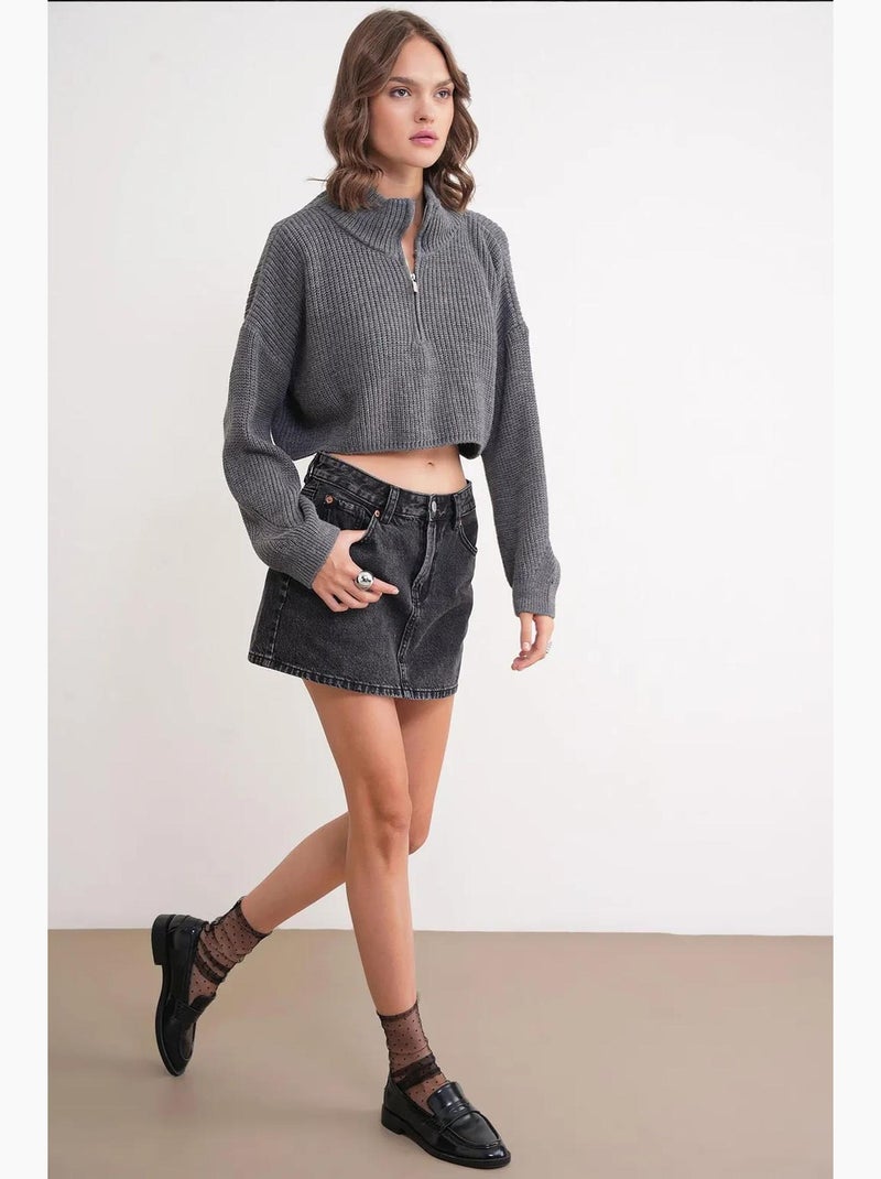 Camisola texturizada de manga comprida com gola com fecho mixray Cinza escuro - Kiabi