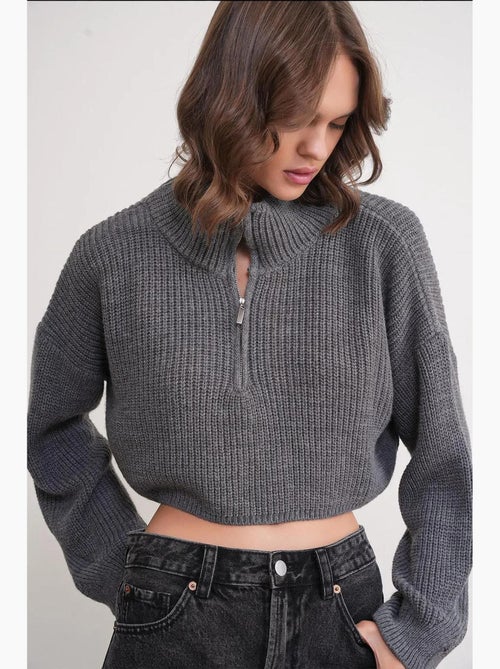 Camisola texturizada de manga comprida com gola com fecho mixray - Kiabi