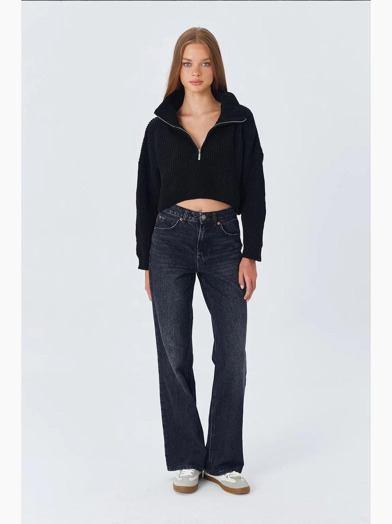 Camisola texturizada de manga comprida com gola com fecho mixray Preto - Kiabi