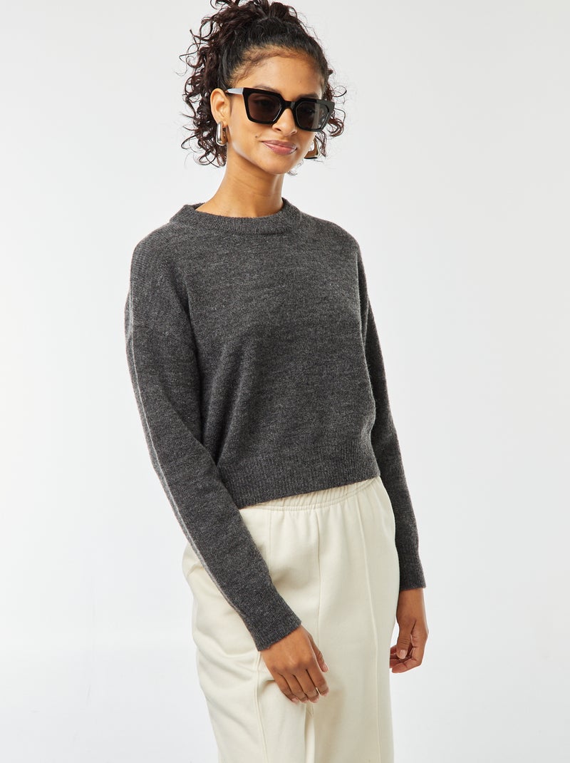 Camisola top crop em malha suave Cinza - Kiabi