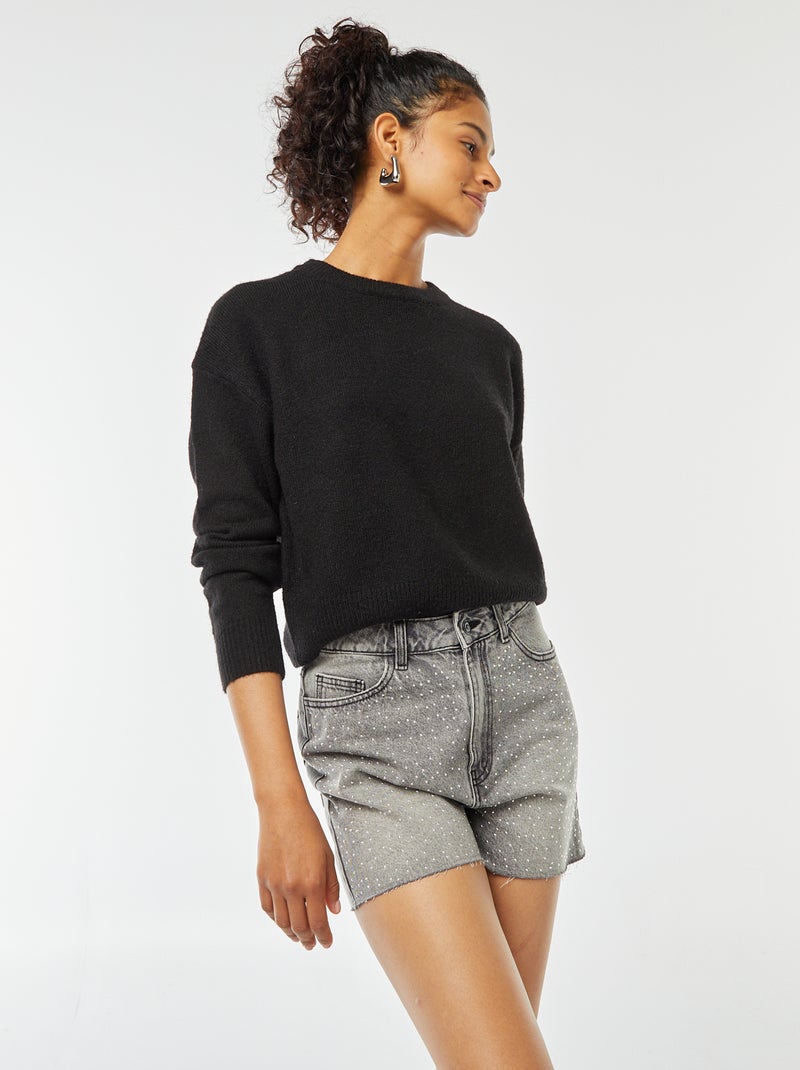 Camisola top crop em malha suave Preto - Kiabi