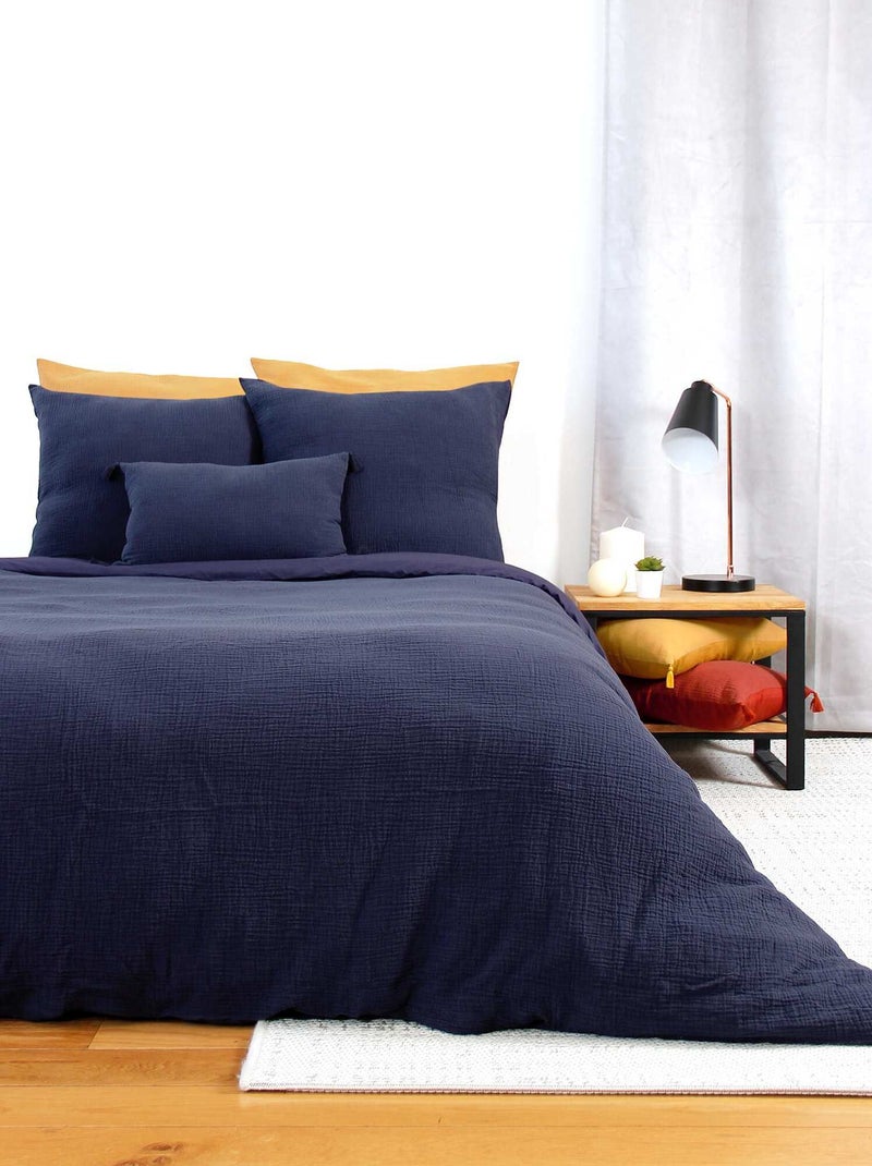 Capa de edredão e fronha de cama em gaze de algodão Azul Marinho - Kiabi