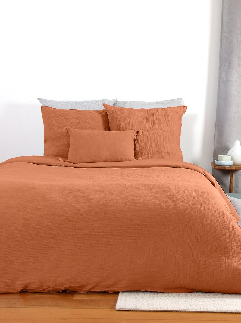 Capa de edredão e fronha de cama em gaze de algodão MARROM - Kiabi