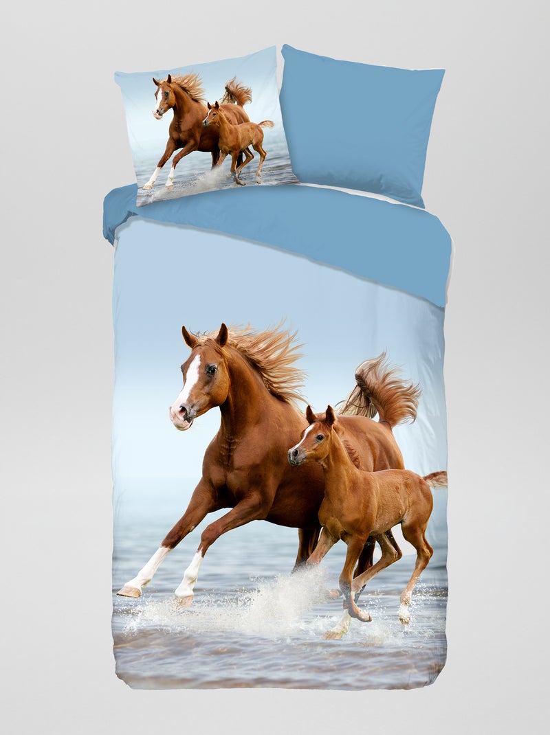 Capa de edredão + fronha 'cavalos' - Solteiro AZUL - Kiabi