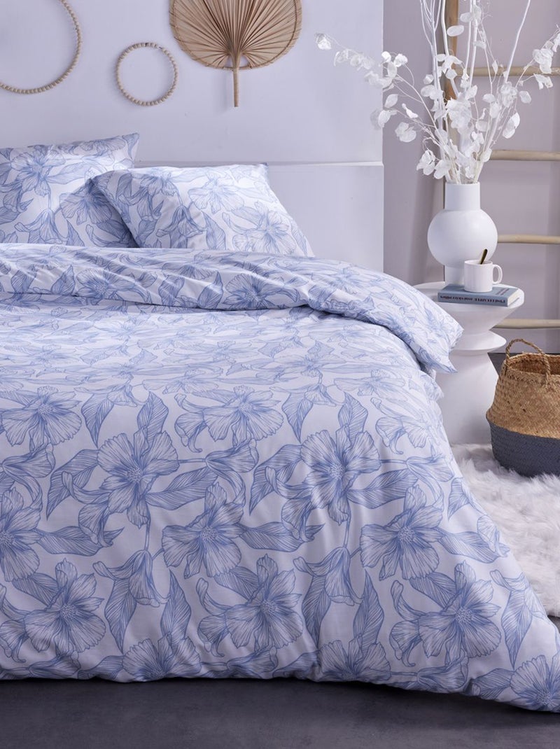 Capa de edredão + fronha com estampado flores  - Casal Azul - Kiabi
