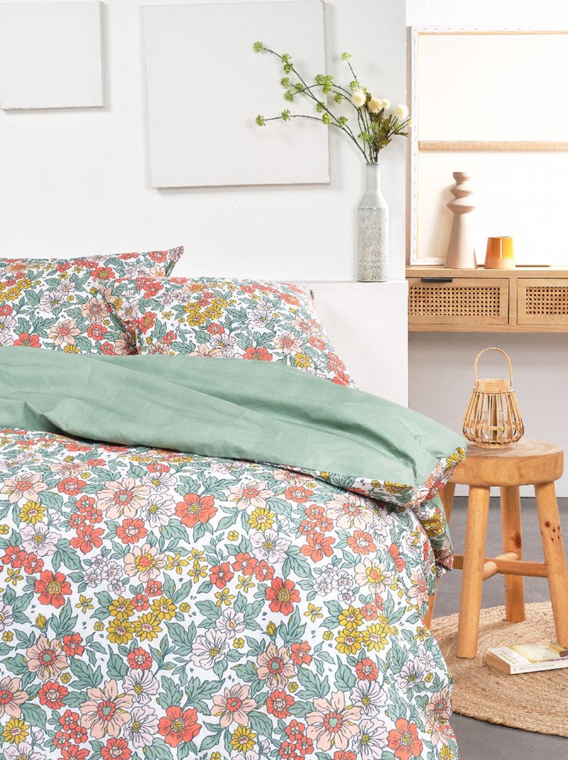 Capa de edredão + fronha com estampado flores  - Casal Branco - Kiabi