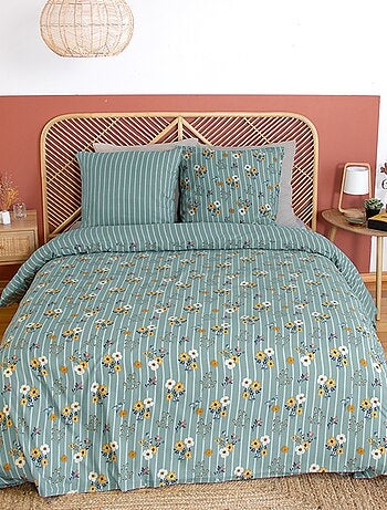 Capa de edredão + fronha de cama com estampado florido e às riscas - Casal