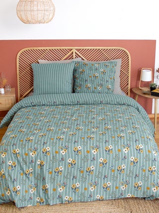 Capa de edredão + fronha de cama com estampado florido e às riscas - Casal