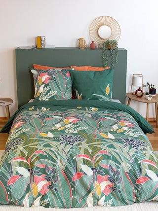 Capa de edredão + fronha de cama com estampado folhas - Casal