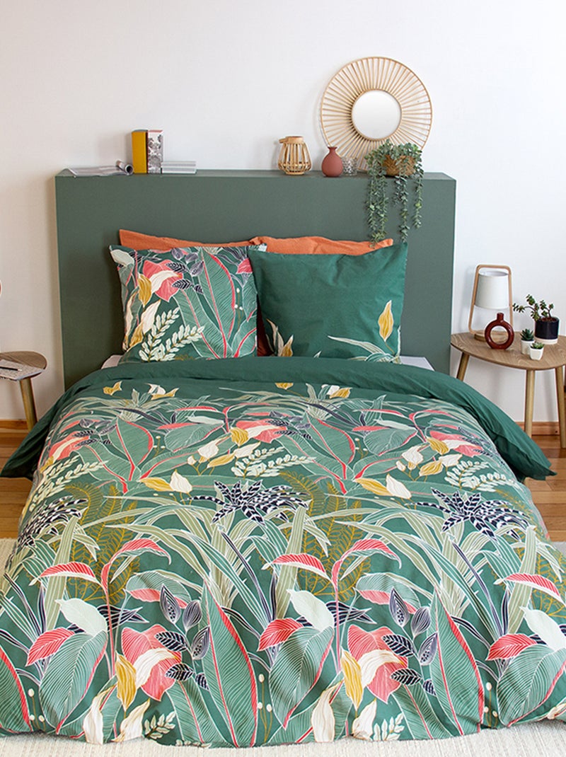 Capa de edredão + fronha de cama com estampado folhas - Casal VERDE - Kiabi