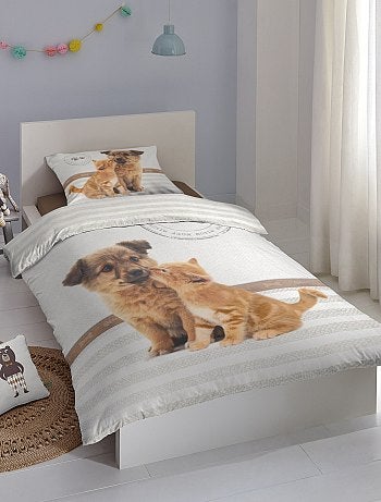 Capa de edredão + fronha de solteiro com estampado 'Cão e gato - Kiabi