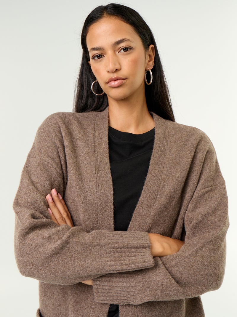 Cardigan aberto liso com 2 bolsos chapados Castanho - Kiabi