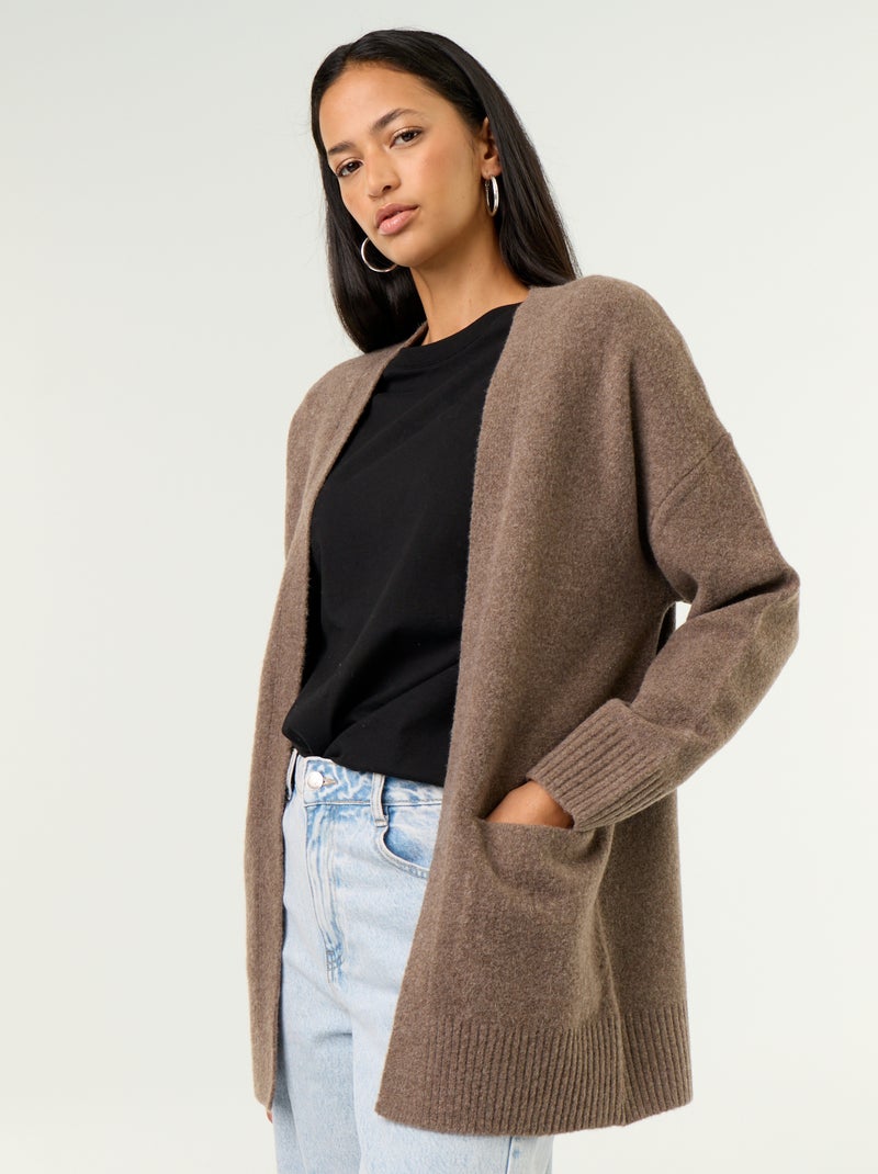 Cardigan aberto liso com 2 bolsos chapados Castanho - Kiabi