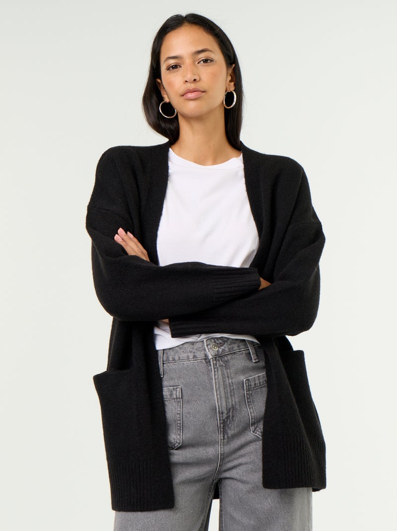 Cardigan aberto liso com 2 bolsos chapados Preto - Kiabi