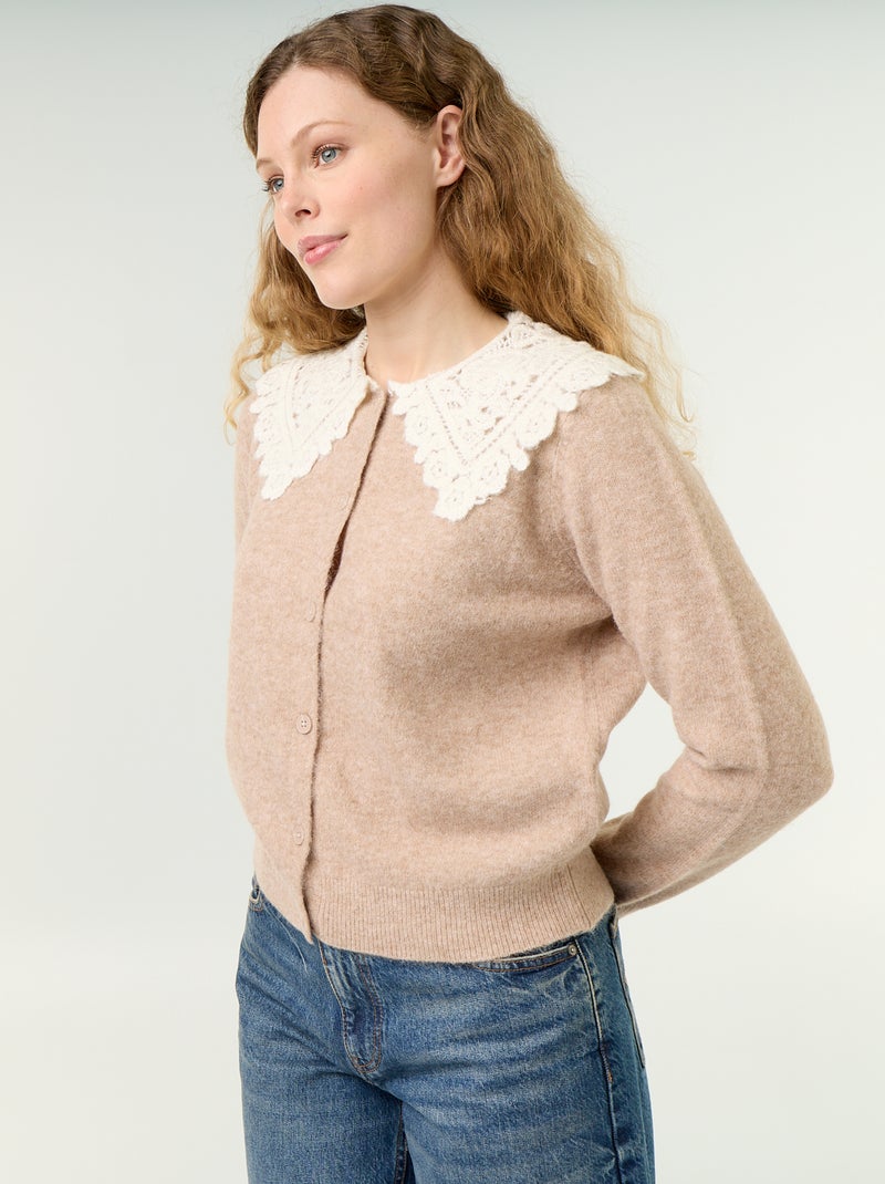 Cardigan abotoado com gola Peter Pan Bege - Kiabi