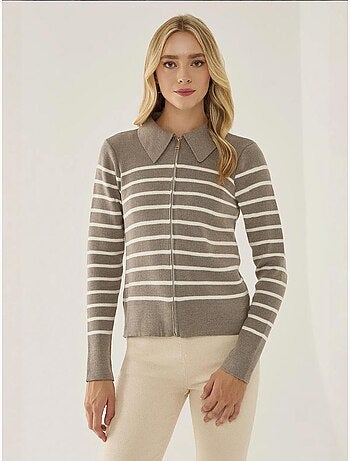 Cardigan às riscas com fecho e gola de camisa