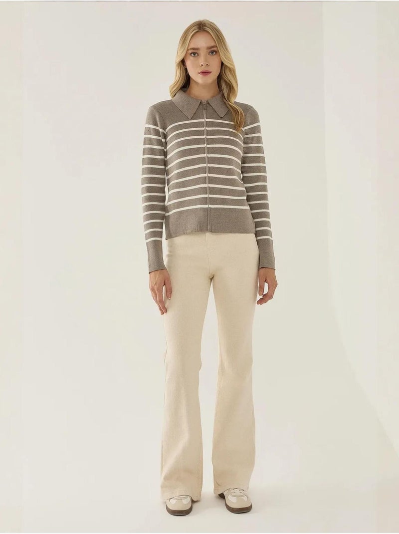 Cardigan às riscas com fecho e gola de camisa Cinza - Kiabi