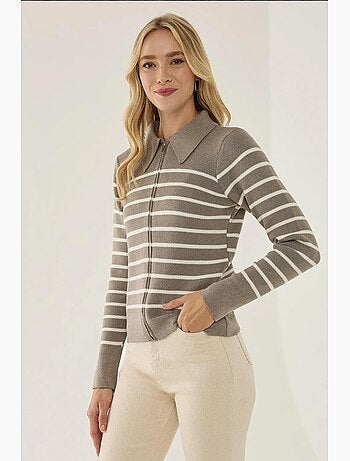 Cardigan às riscas com fecho e gola de camisa hiccup