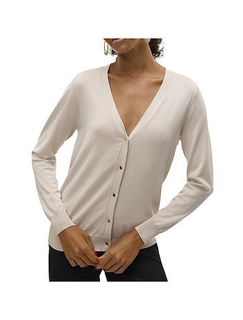 Cardigan Bege de Malha com Decote em V Vero Moda Silje para Mulher