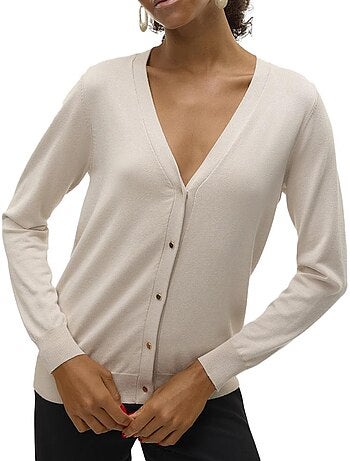 Cardigan bege de malha com decote em v vero moda silje para mulher