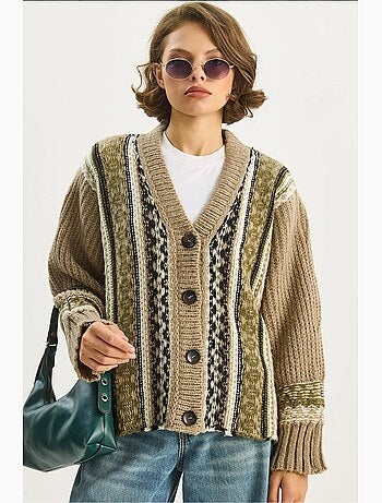Cardigan com estampado étnico, decote em v, manga comprida e fecho de botões lucci