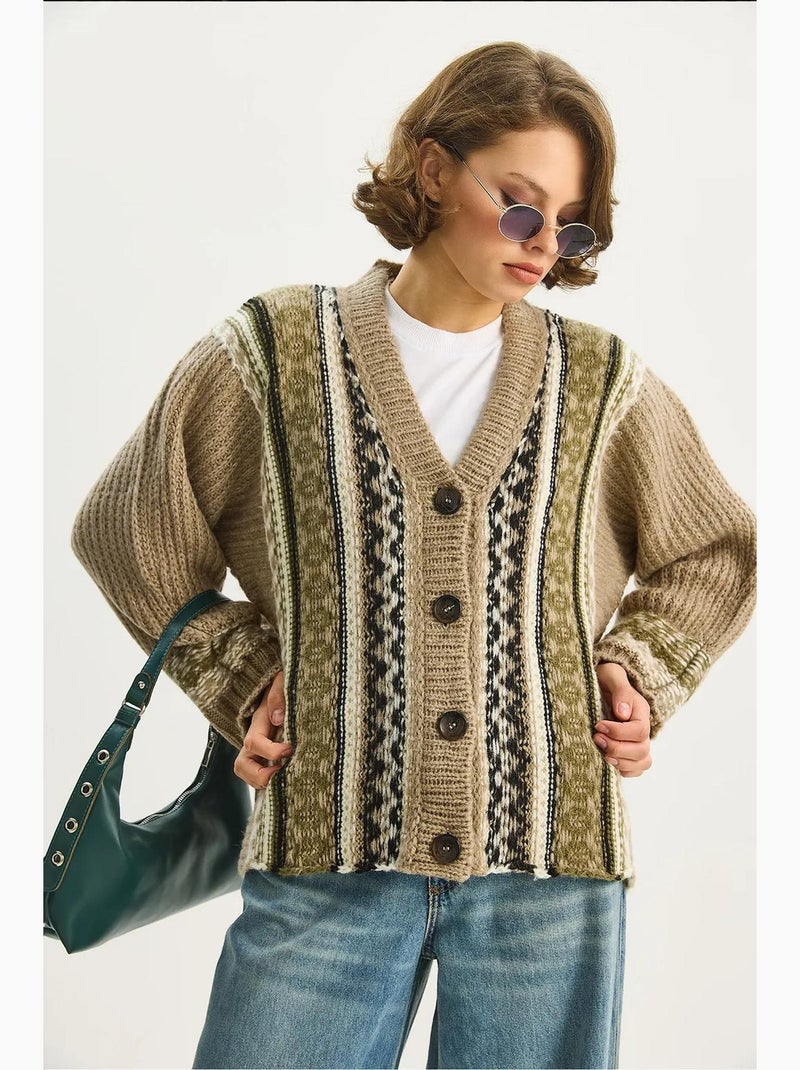 Cardigan com estampado étnico, decote em v, manga comprida e fecho de botões lucci Bege-argila - Kiabi