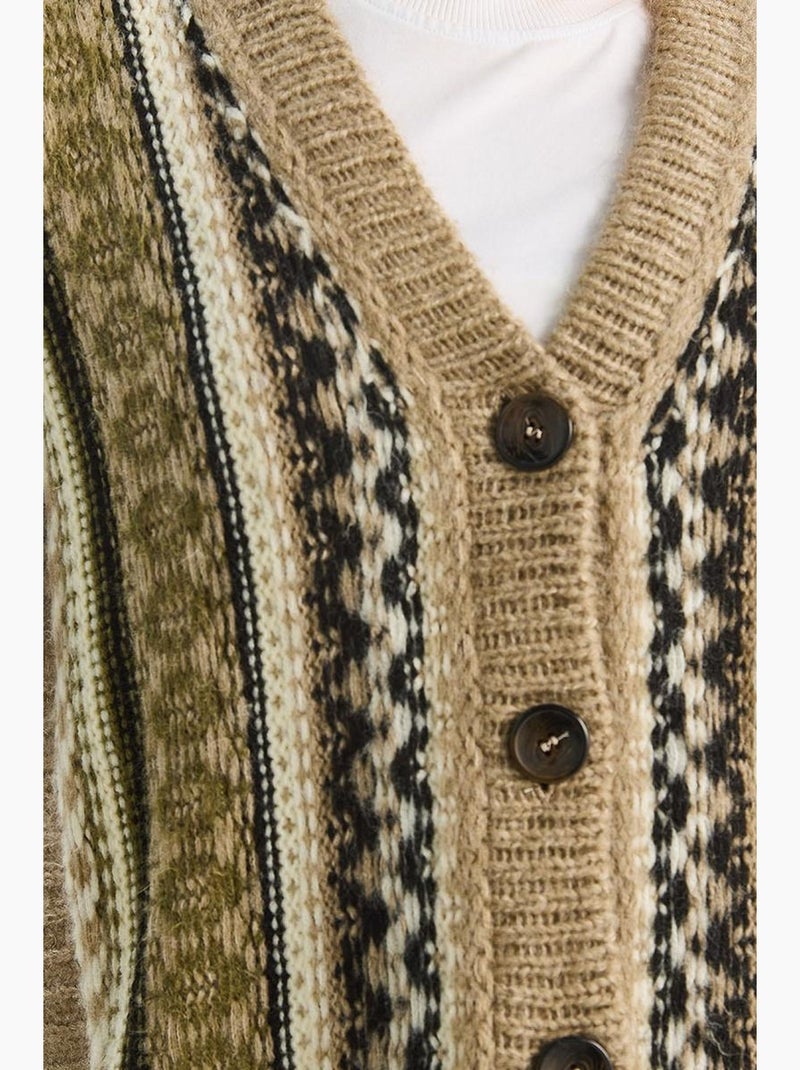 Cardigan com estampado étnico, decote em v, manga comprida e fecho de botões lucci Bege-argila - Kiabi