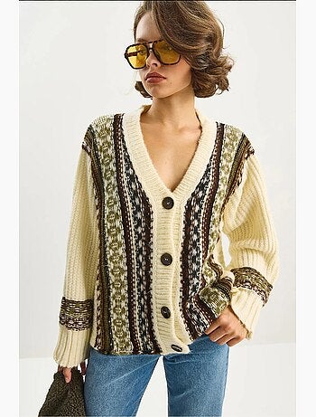 Cardigan com estampado étnico, decote em v, manga comprida e fecho de botões lucci