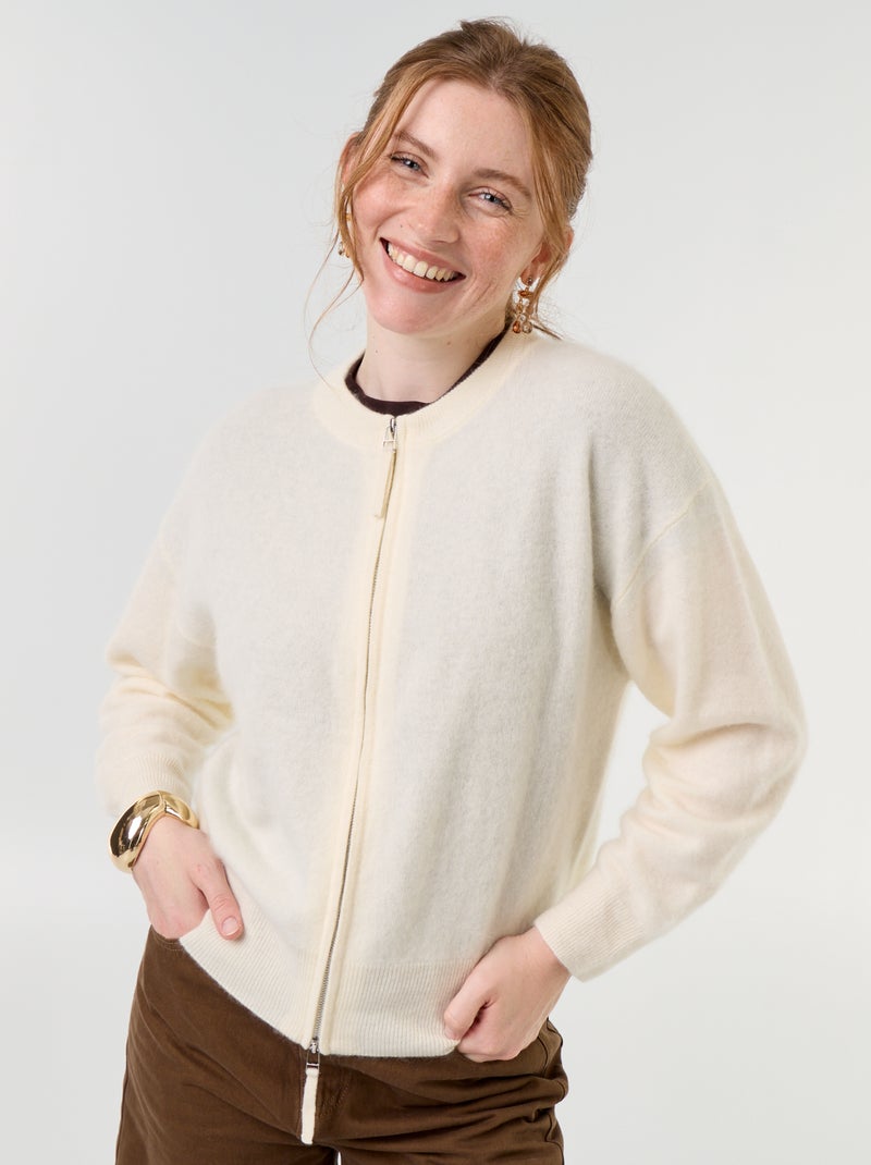 Cardigan com fecho 100% lã - Premium Branco - Kiabi