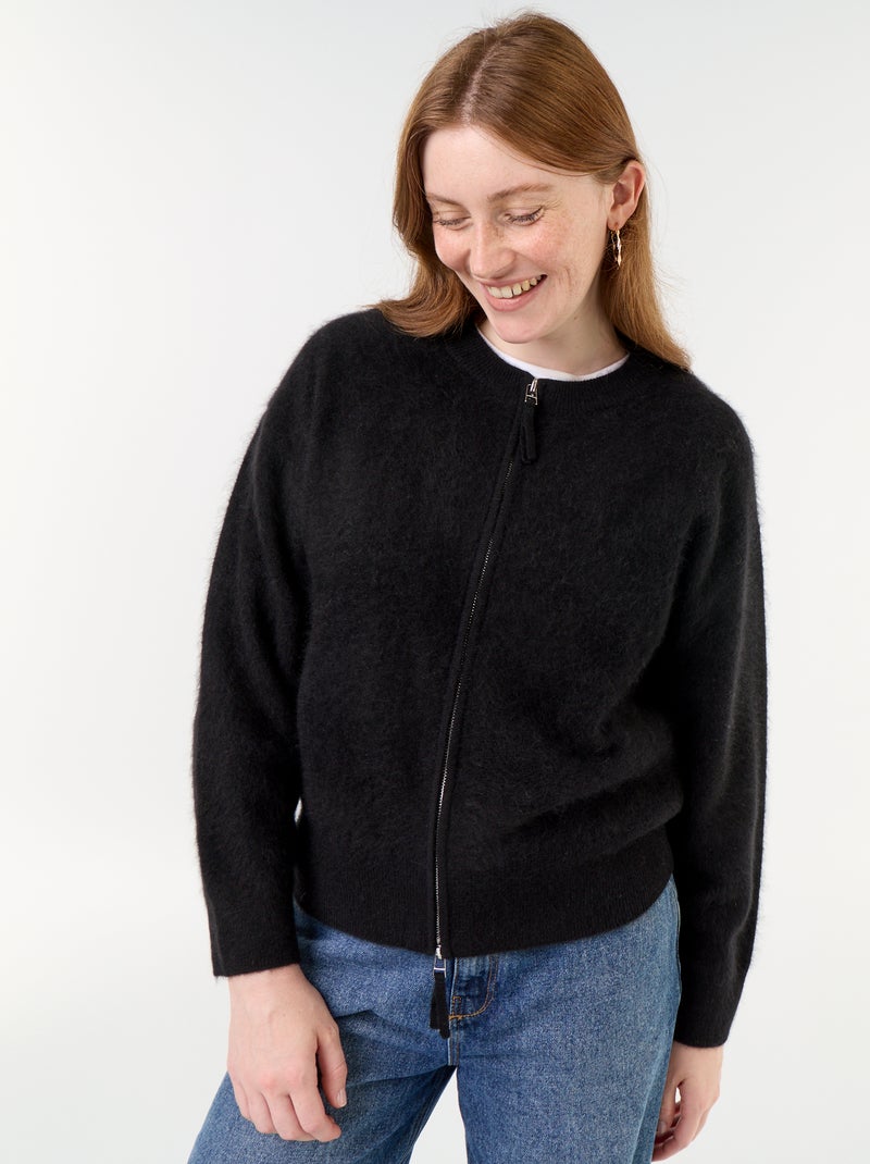Cardigan com fecho 100% lã - Premium Preto - Kiabi