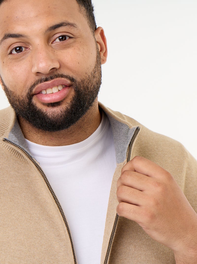Cardigan com fecho de correr e gola alta Bege - Kiabi