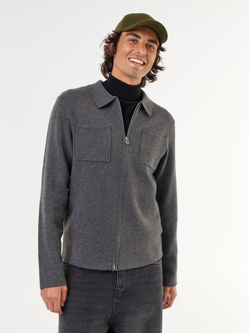 Cardigan com fecho de correr e gola de camisa Cinza - Kiabi