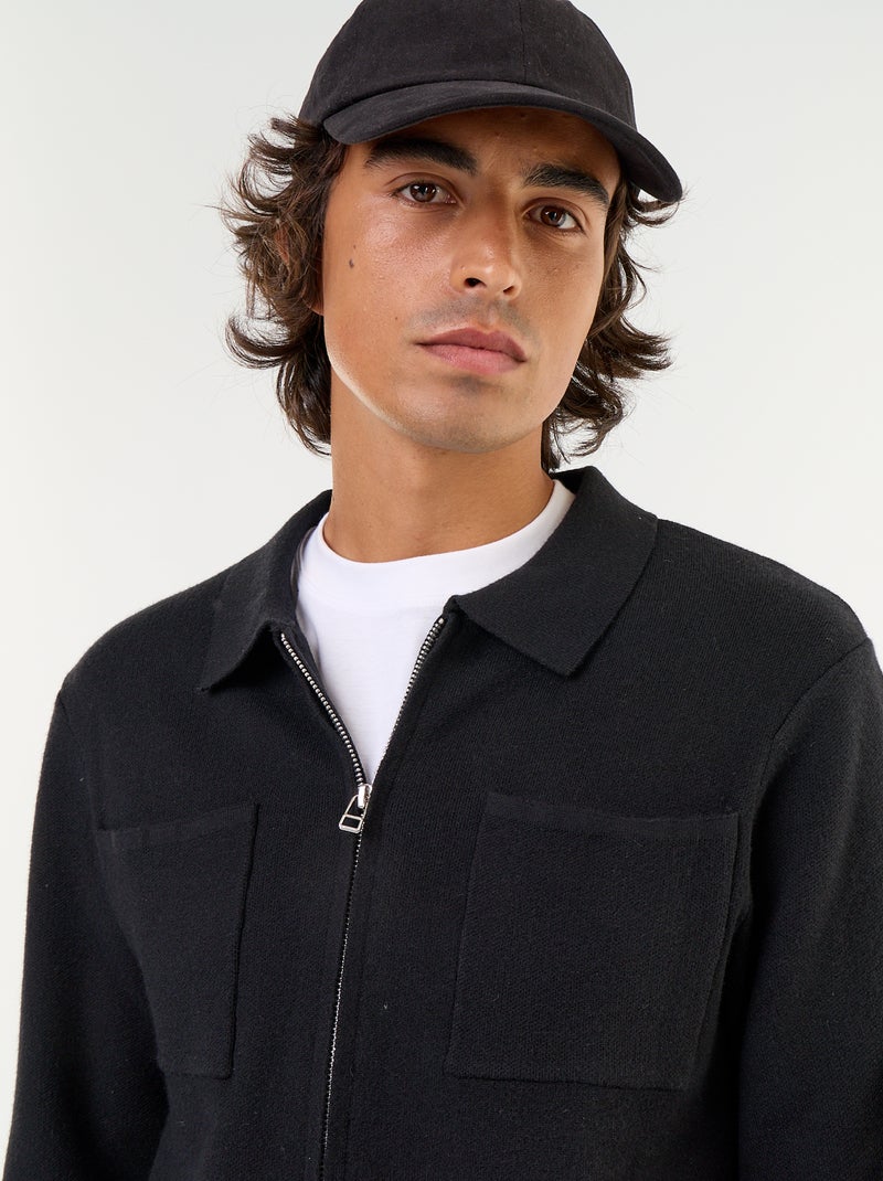 Cardigan com fecho de correr e gola de camisa Preto - Kiabi