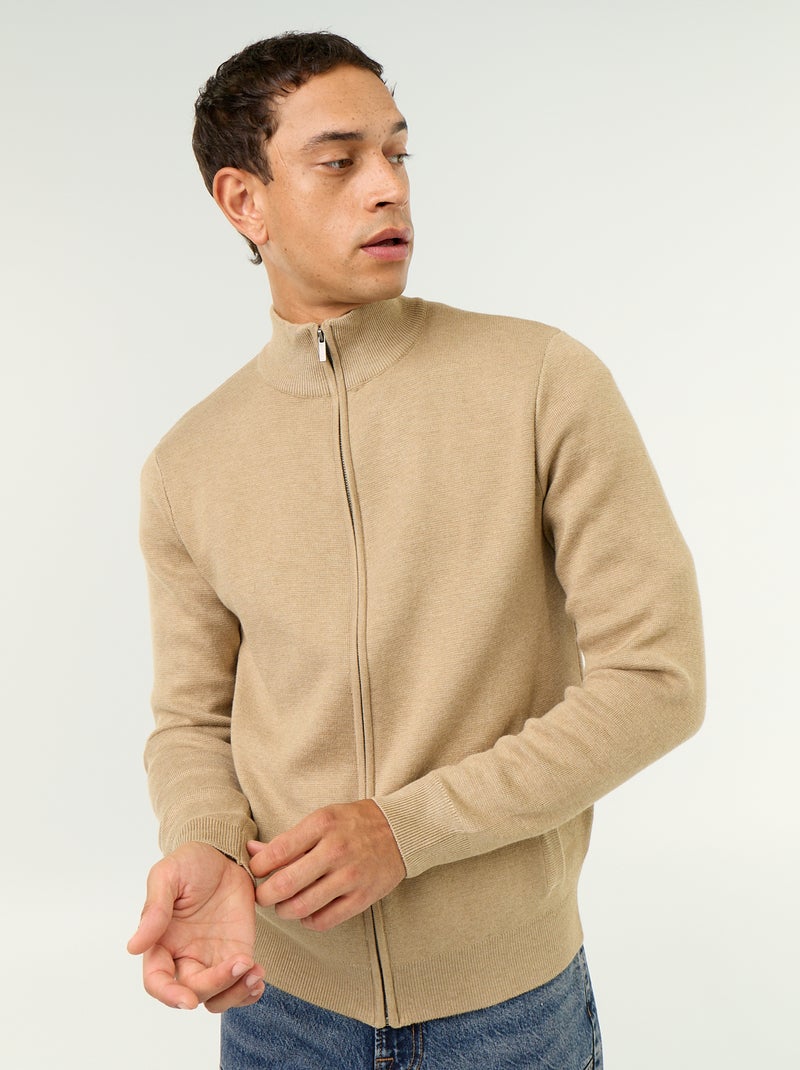 Cardigan com fecho e gola alta Bege - Kiabi
