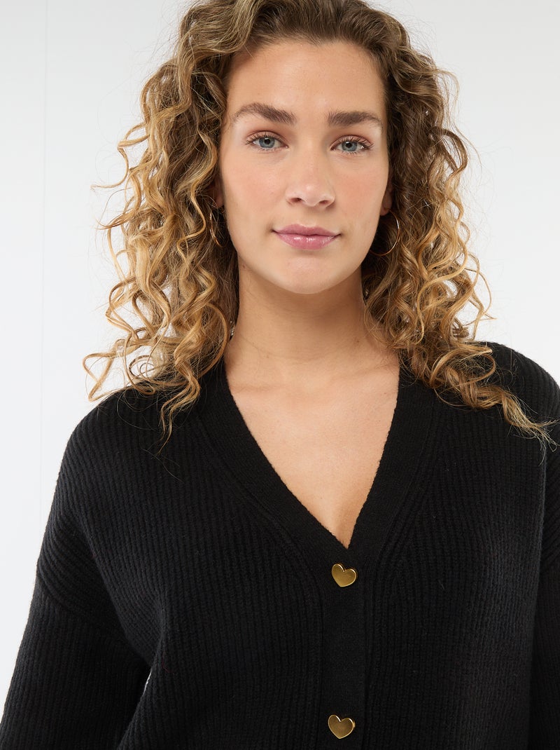 Cardigan com gola em V e botões de coração Preto - Kiabi