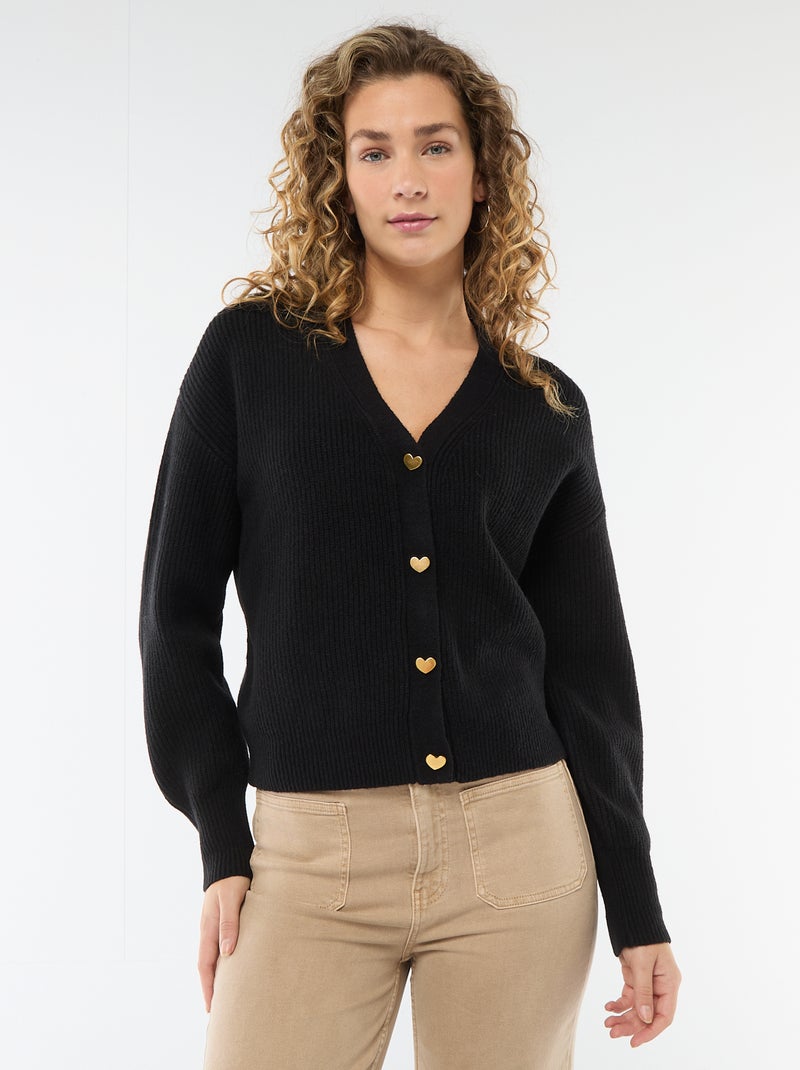 Cardigan com gola em V e botões de coração Preto - Kiabi