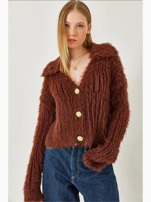 Cardigan com gola polo, botões dourados e look de pele sintética lucci - Kiabi