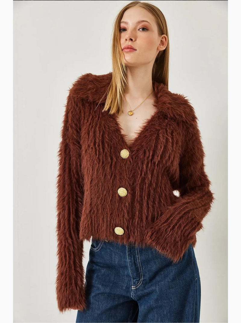 Cardigan com gola polo, botões dourados e look de pele sintética lucci Castanho-chocolate - Kiabi