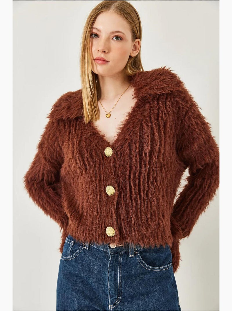 Cardigan com gola polo, botões dourados e look de pele sintética lucci Castanho-chocolate - Kiabi