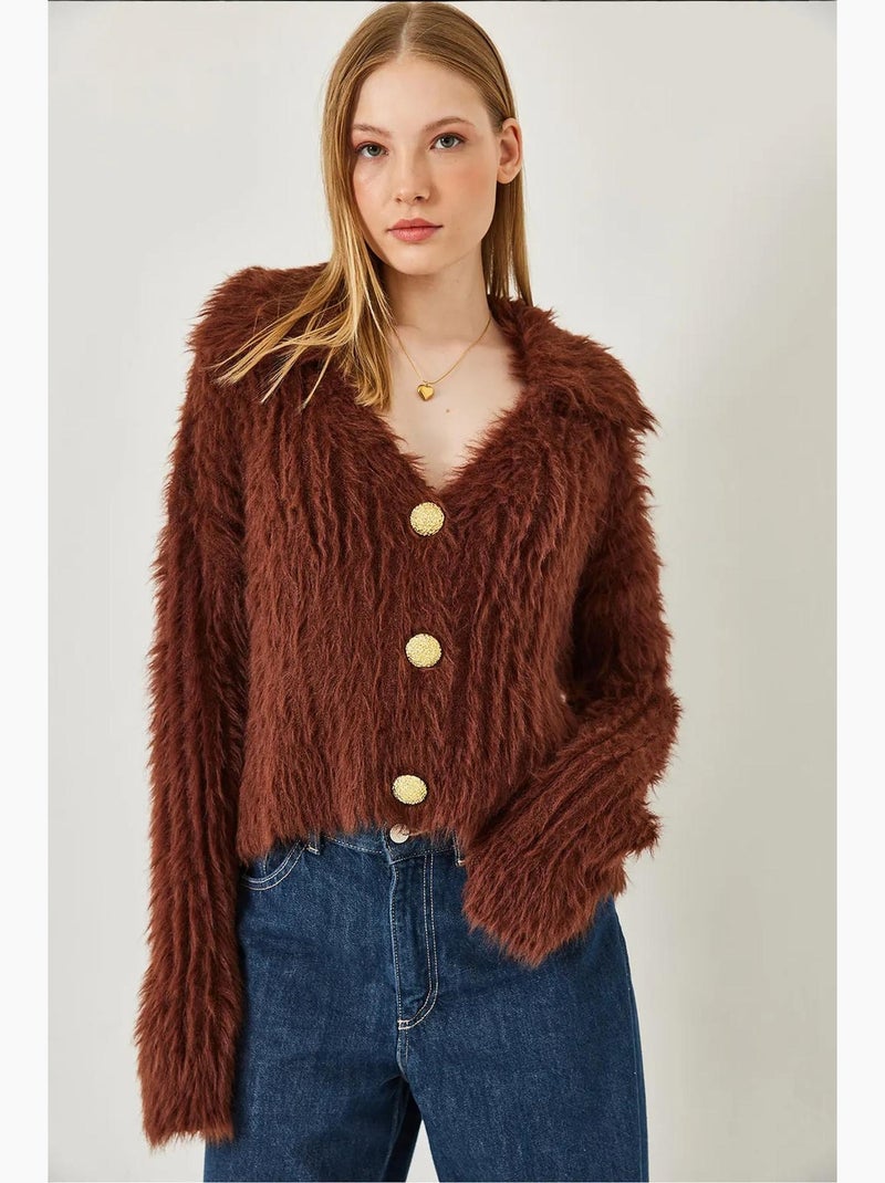 Cardigan com gola polo, botões dourados e look de pele sintética lucci Castanho-chocolate - Kiabi