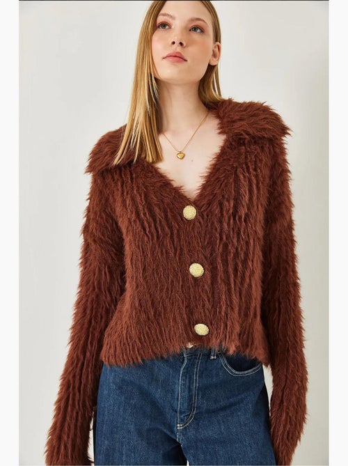 Cardigan com gola polo, botões dourados e look de pele sintética lucci - Kiabi