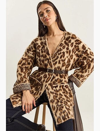 Cardigan comprido oversized com padrão leopardo e bolsos lucci