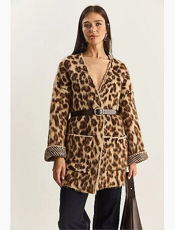 Cardigan comprido oversized com padrão leopardo e bolsos lucci